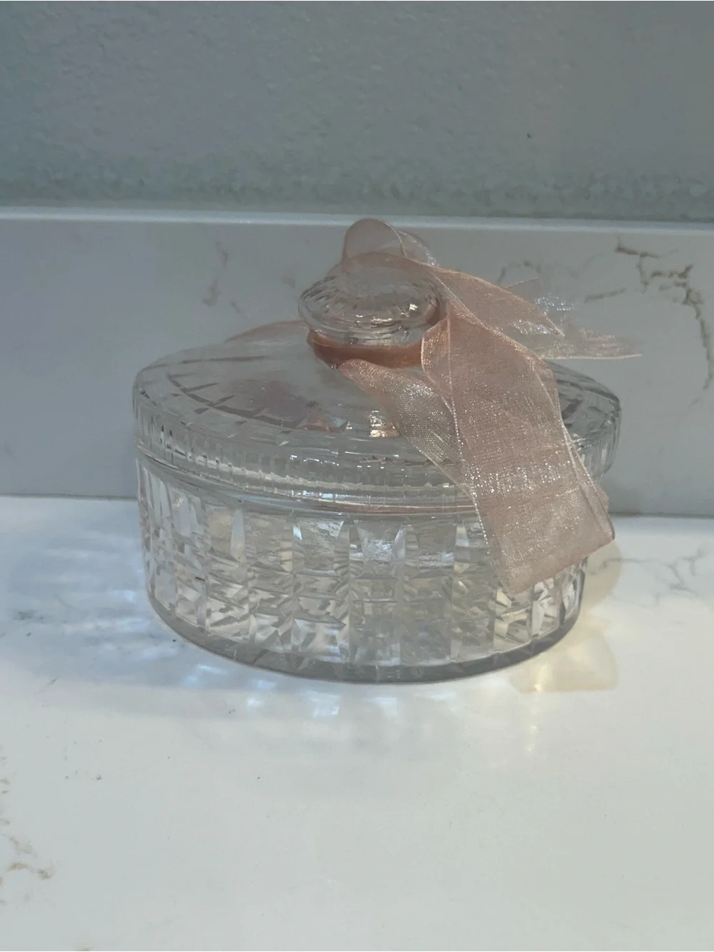 Crystal Glass Trinket Lidded Box intricate faceted panels with Pale Pink Ribbon